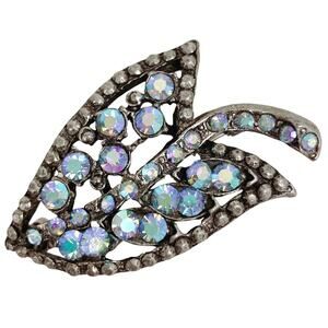 Vintage Mid Century Blue AB Rhinestone Leaf Brooch Silver Tone 50s 60s Pin
